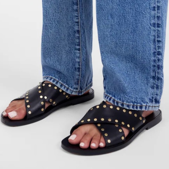 Madewell Tuley Crossover Sandal Black Leather Gold Studs Slingback - Picture 2 of 9